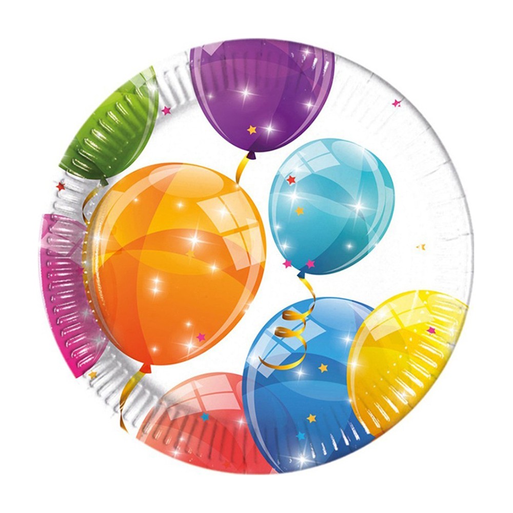 Set of 8 Cardboard Party Plates, 20cm, Colorful Balloons print