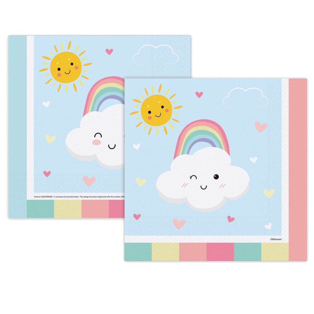 Set of 16 Party Napkins with Rainbow and Clouds Print