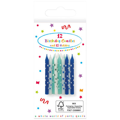 Set of 12 Blue Star Candles with Holders