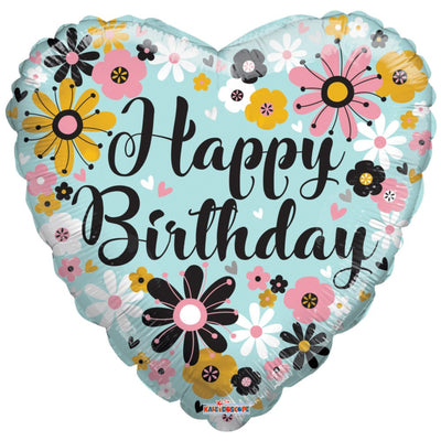 Happy Birthday Heart Foil Balloon with Flowers