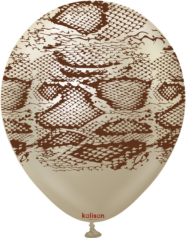 30cm Safari Snake N Latex Balloons - Mirror White Gold (Print: Dark Brown)