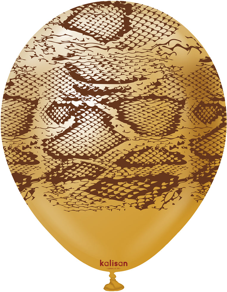 30cm Safari Snake N Latex Balloons - Mirror Gold (Print: Dark Brown)