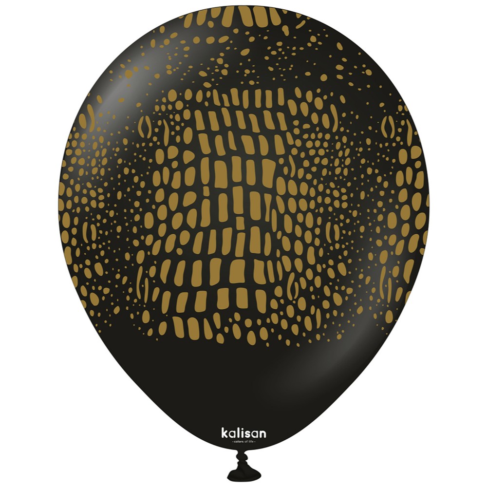 30cm Safari Crocodile Latex Balloons - Black (Print - Gold)
