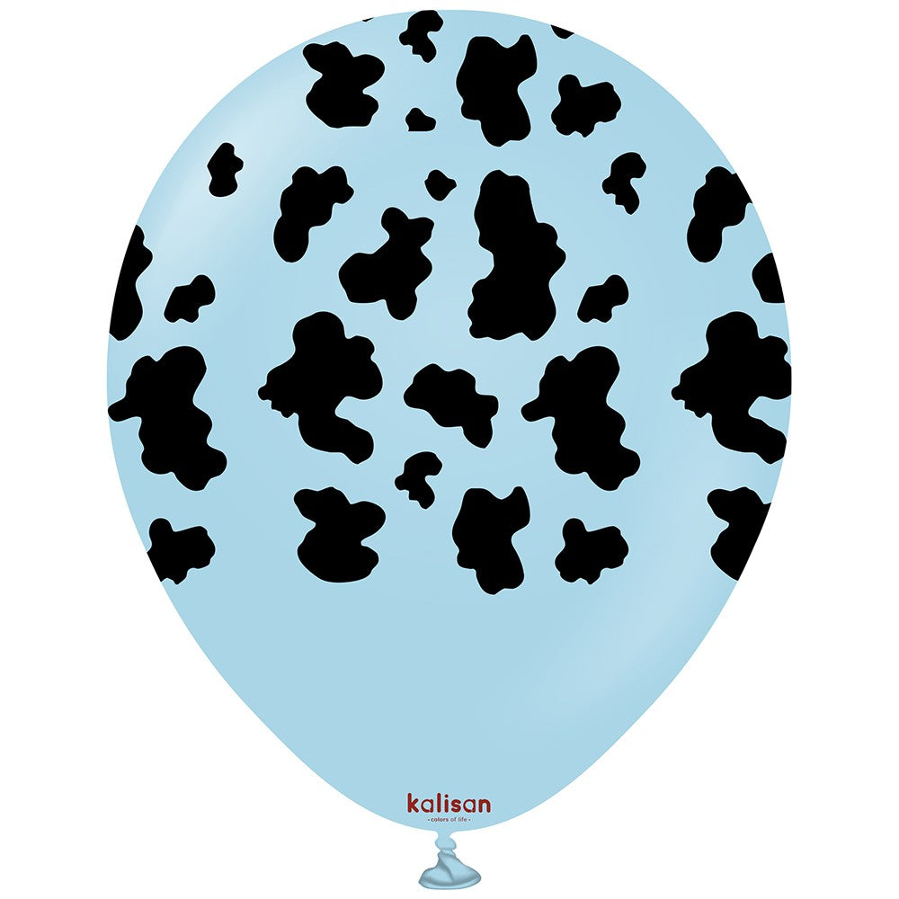 Baloane latex 30cm Safari Cow - Macaron Blue (Print: Black)