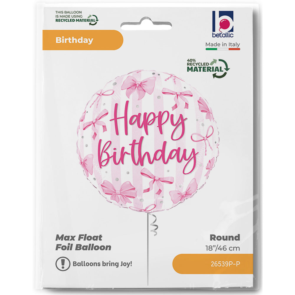 Round Happy Birthday Pink Bows Foil Balloon 46cm