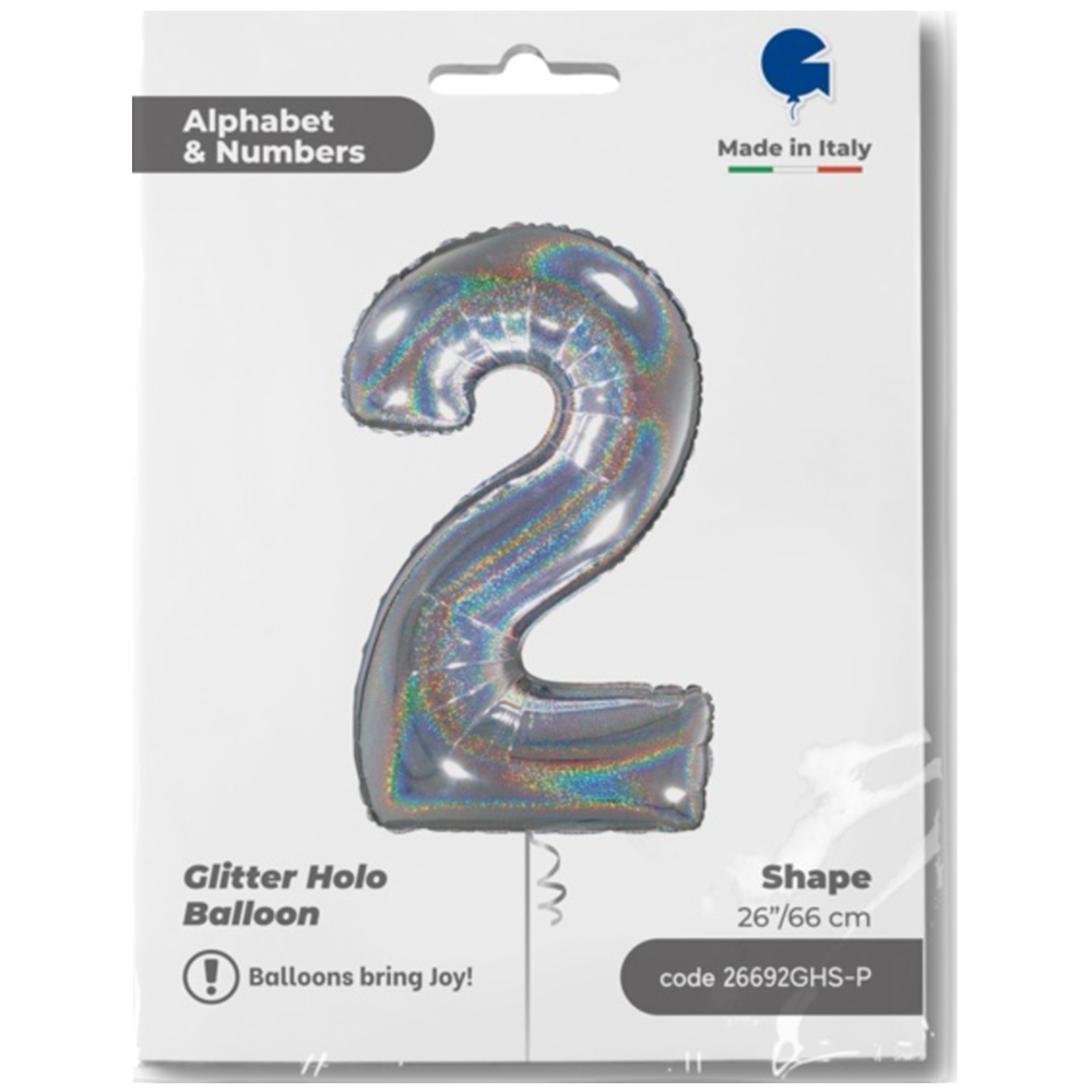 Foil Balloon NUMBER 2 Holographic Glitter 66 cm Grabo