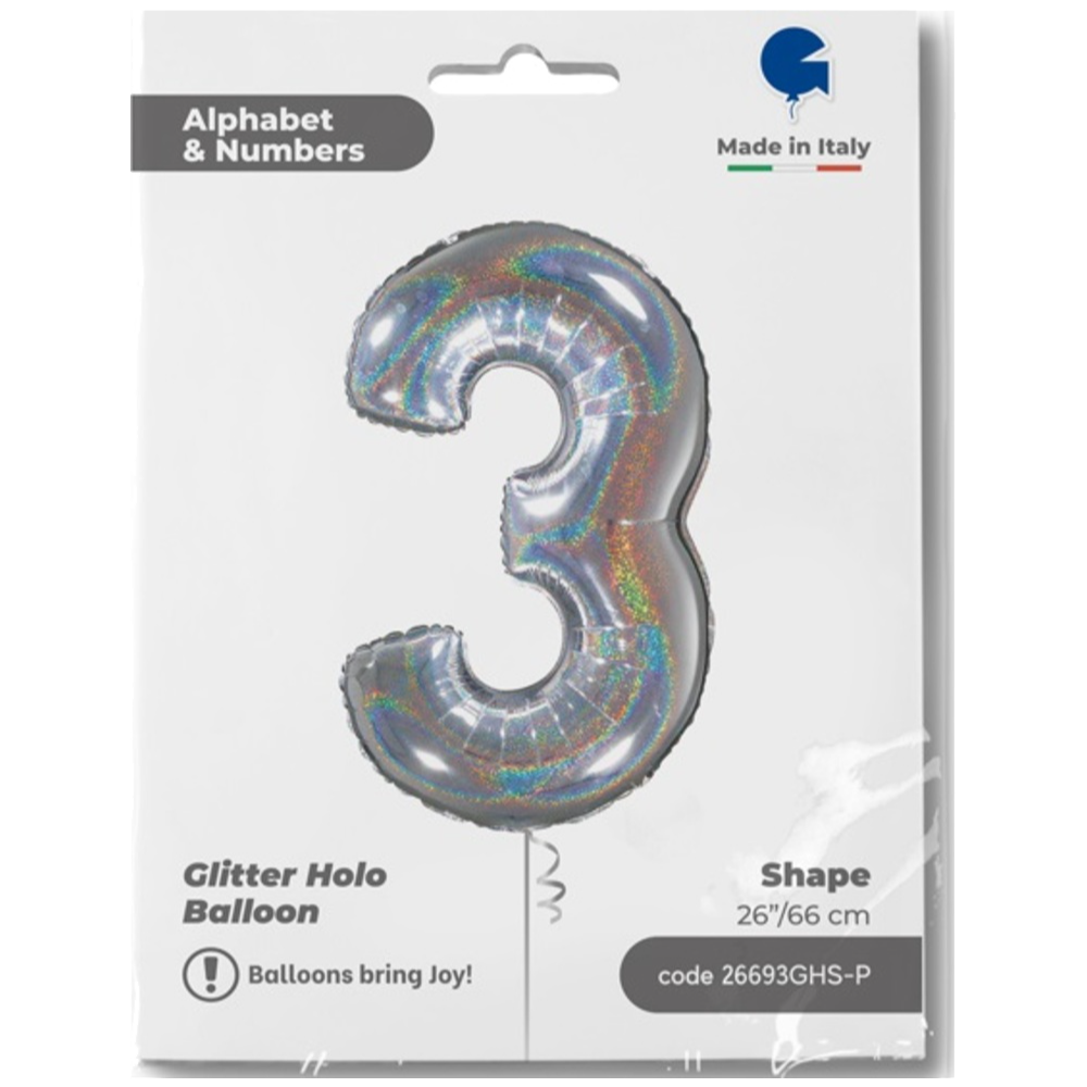 Foil Balloon NUMBER 3 Holographic Glitter 66 cm Grabo