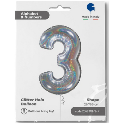 Balon Folie CIFRA 3 Holographic Glitter 66 cm Grabo