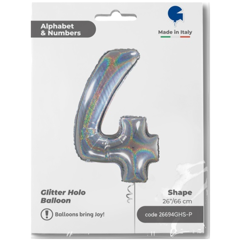 Foil Balloon NUMBER 4 Holographic Glitter 66 cm Grabo