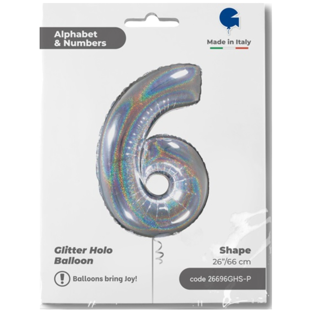 Foil Balloon NUMBER 6 Holographic Glitter 66 cm Grabo