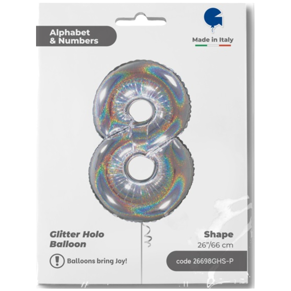 Foil Balloon NUMBER 8 Holographic Glitter 66 cm Grabo