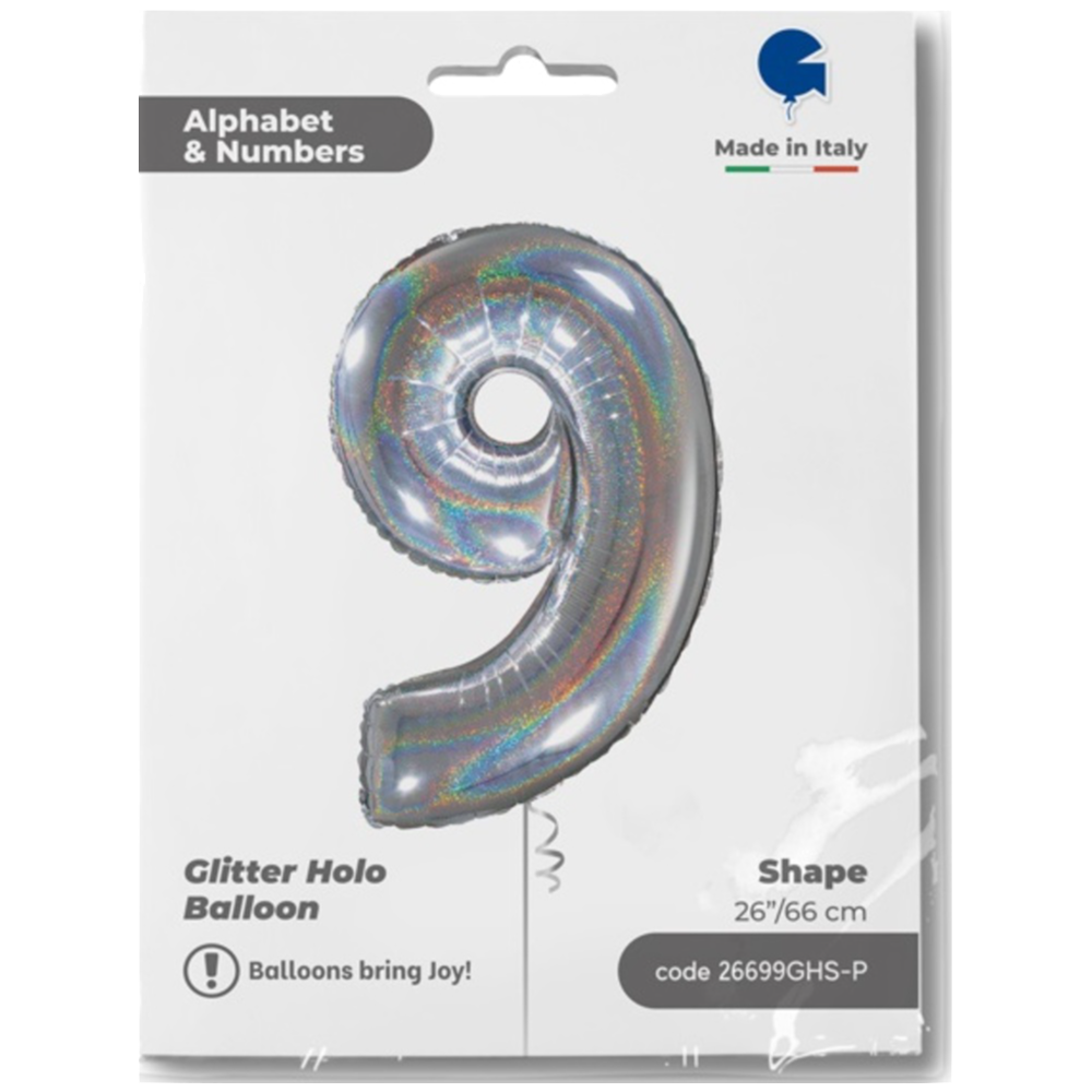 Foil Balloon NUMBER 9 Holographic Glitter 66 cm Grabo