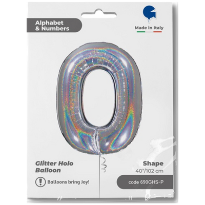 Balon Folie JUMBO CIFRA 0 Argintiu Holografic 102 cm Grabo