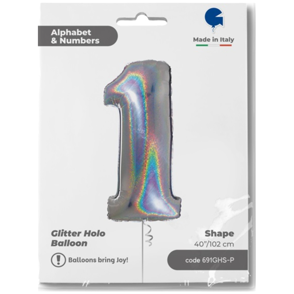 JUMBO Foil Balloon NUMBER 1 Holographic Silver 102 cm Grabo