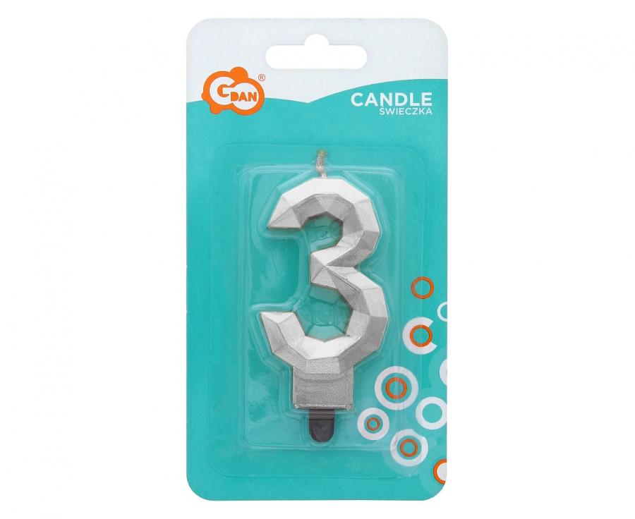 Birthday Cake Candle Number 3 Diamond Silver 7.6cm