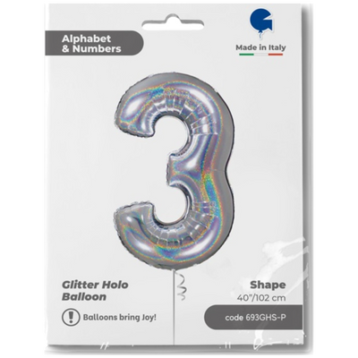 Balon Folie JUMBO CIFRA 3 Argintiu Holografic 102 cm Grabo