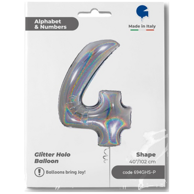 Balon Folie JUMBO CIFRA 4 Argintiu Holografic 102 cm Grabo