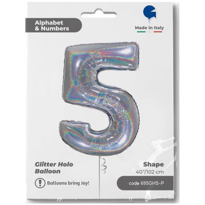 Balon Folie JUMBO CIFRA 5 Argintiu Holografic 102 cm Grabo