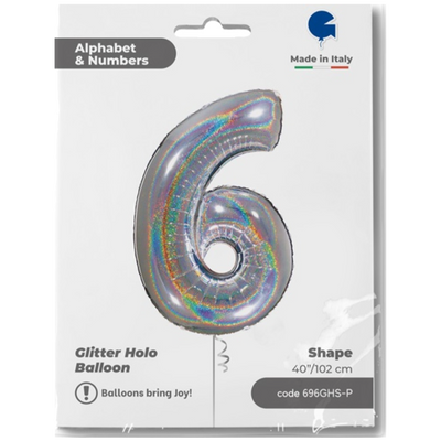 Balon Folie JUMBO CIFRA 6 Argintiu Holografic 102 cm Grabo