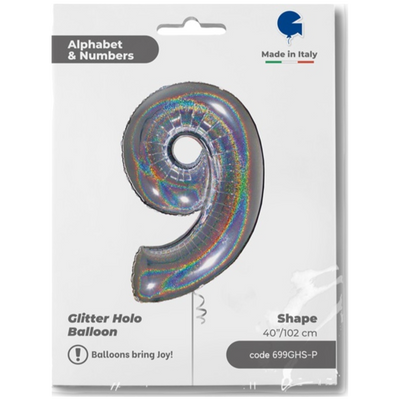 Balon Folie JUMBO CIFRA 9 Argintiu Holografic 102 cm Grabo