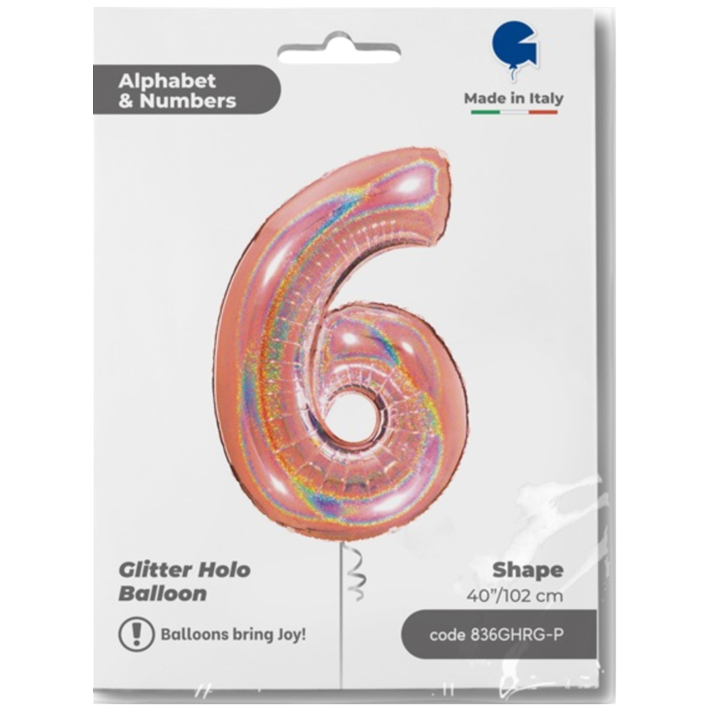 Jumbo Foil Balloon NUMBER 6 Rose Gold Glitter 102 cm Grabo