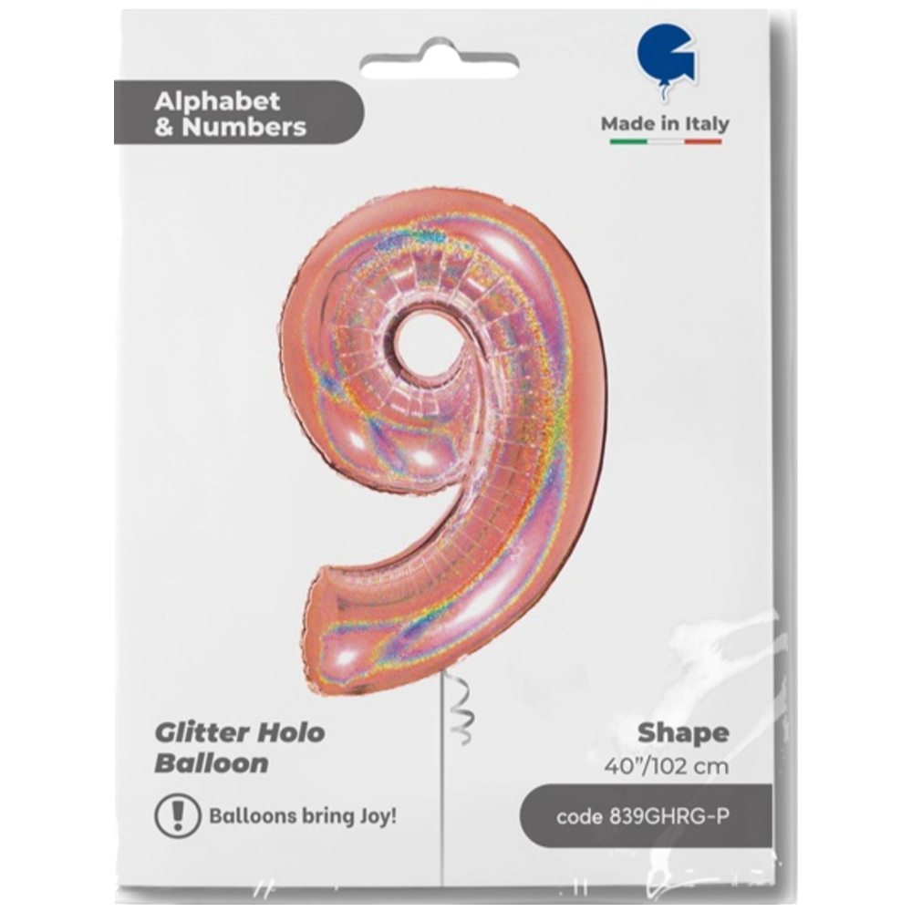 Jumbo Foil Balloon Number 9 Rose Gold Glitter 102 cm Grabo