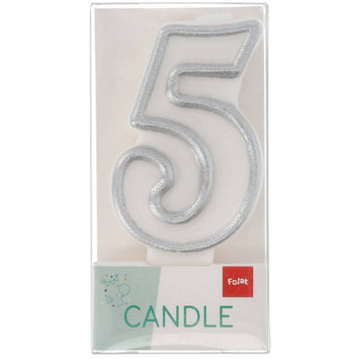 Number 5 Cake Candle Silver Outline 9cm