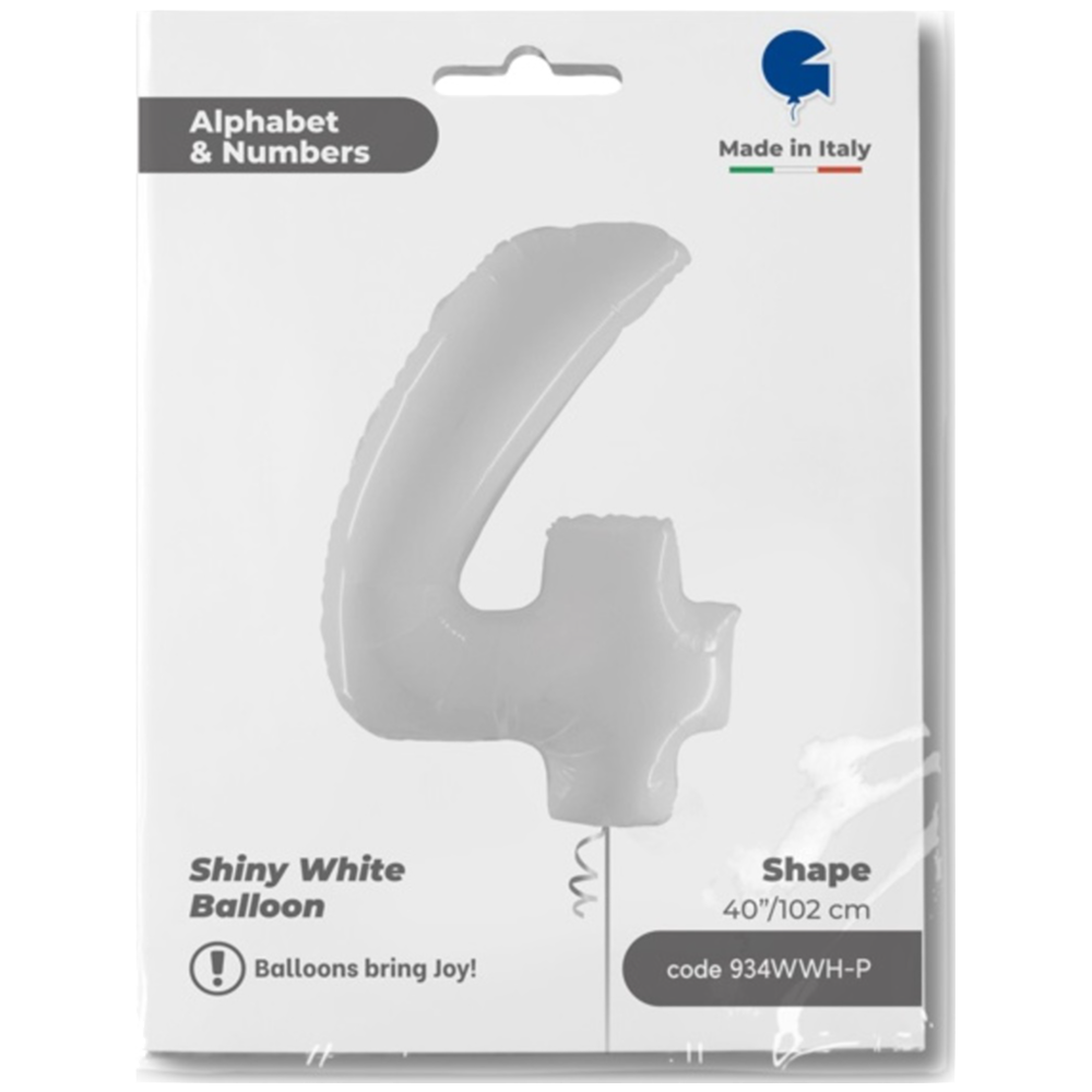 Jumbo Foil Balloon NUMBER 4 Shiny White 102 cm Grabo