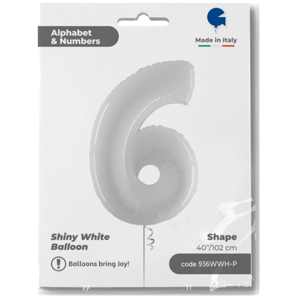 Jumbo Foil Balloon NUMBER 6 Shiny White 102 cm Grabo