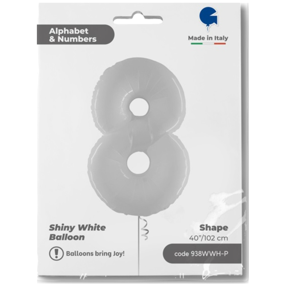 Jumbo Foil Balloon NUMBER 8 Shiny White 102 cm Grabo