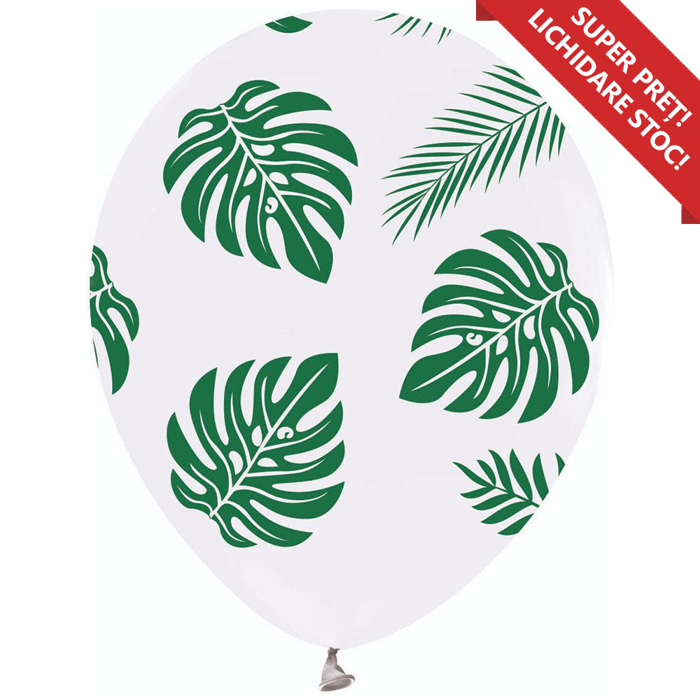 Baloane latex 30cm Albe cu print Frunze Verzi - All Around