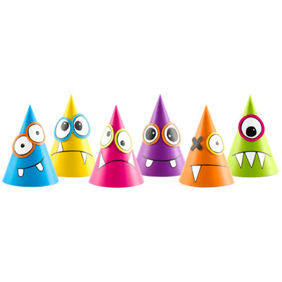 Set of 6 Colorful Party Hats with Cheerful Monsters - Customizable CPP9