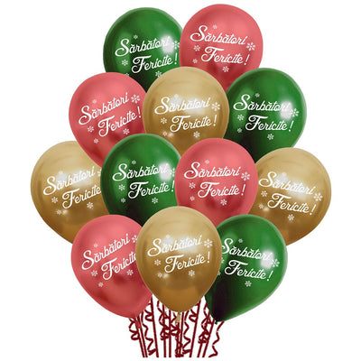 Set of 12 Chrome Latex Balloons printed with Happy Holidays!