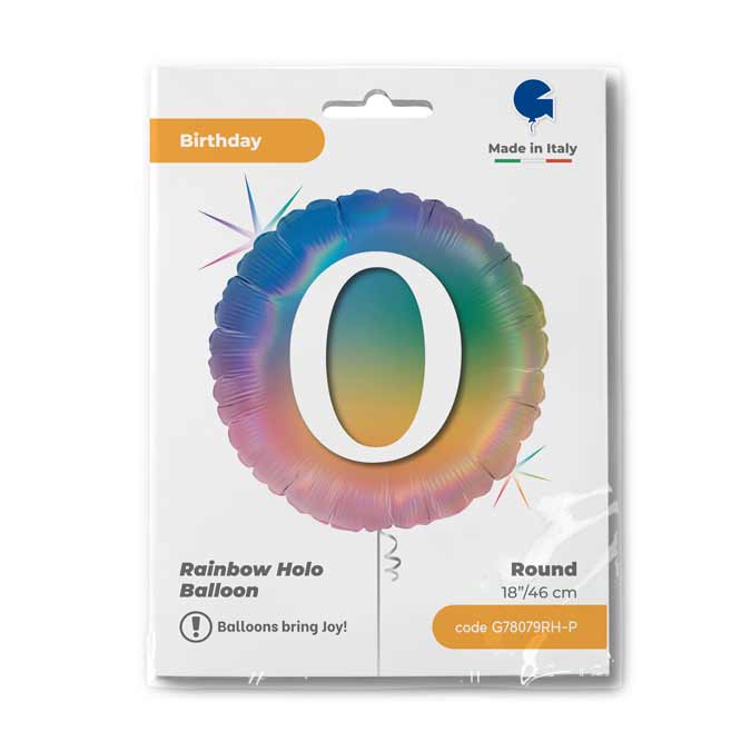 Round Foil Balloon NUMBER 0 Rainbow 46 cm Grabo