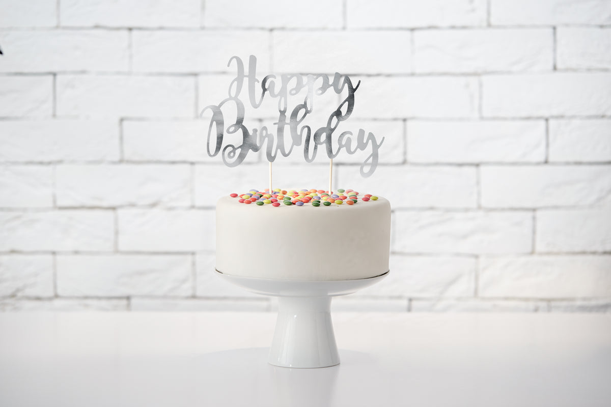 Decoratiune pentru Tort Happy Birthday Argintiu 22.5cm