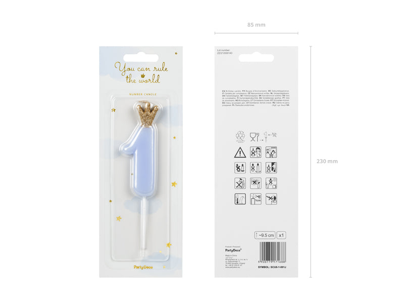 Birthday Cake Candle 1 year with Light Blue Crown 9.5cm