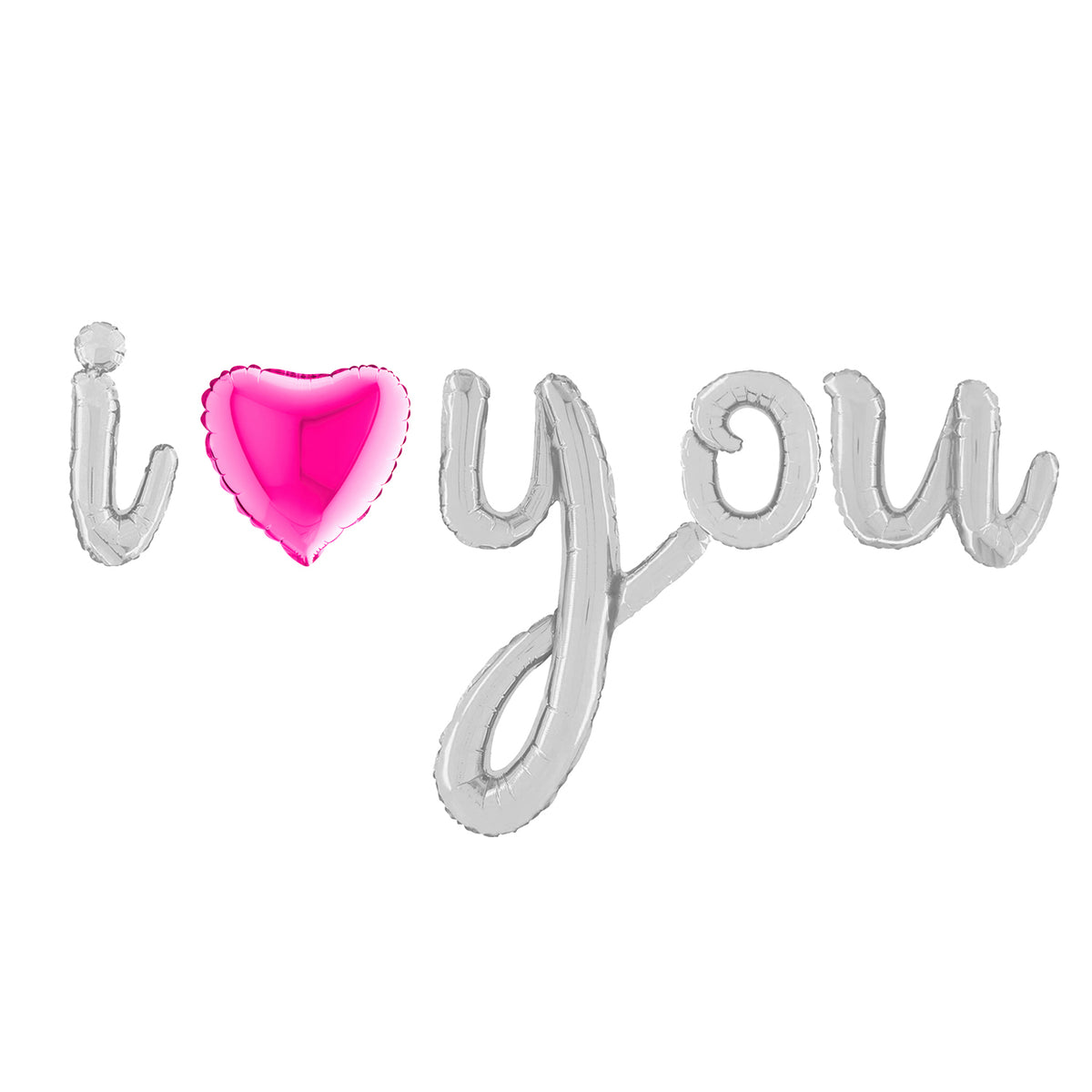 Silver cursive foil balloons I Love You with fuchsia heart