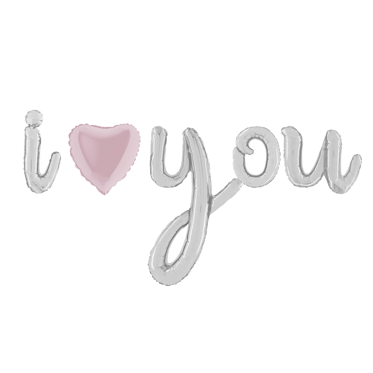 Silver I Love You cursive foil balloons with pink heart