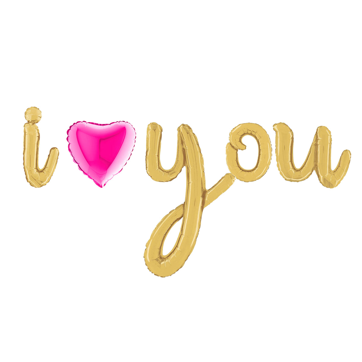 Foil Balloons in Cursive Script I Love You Gold with Fuchsia Heart