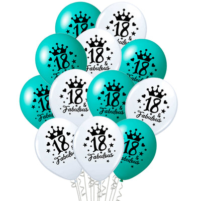 Set 12 Baloane Majorat Aquamarine si Alb Print 18 Fabulous