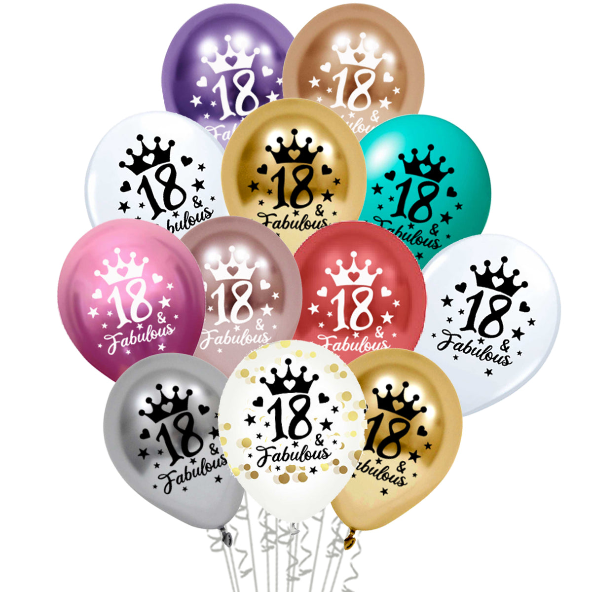Set of 12 Balloons for 18th Birthday with "18 & Fabulous" print