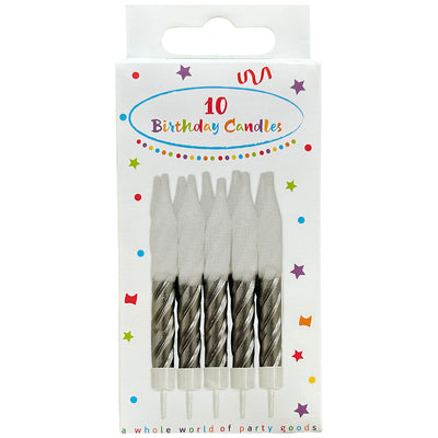 Set of 10 Swirly White-Silver Candles with Holders 7.5cm