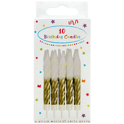 Set of 10 Candles with Swirly White-Gold Holder 7.5cm