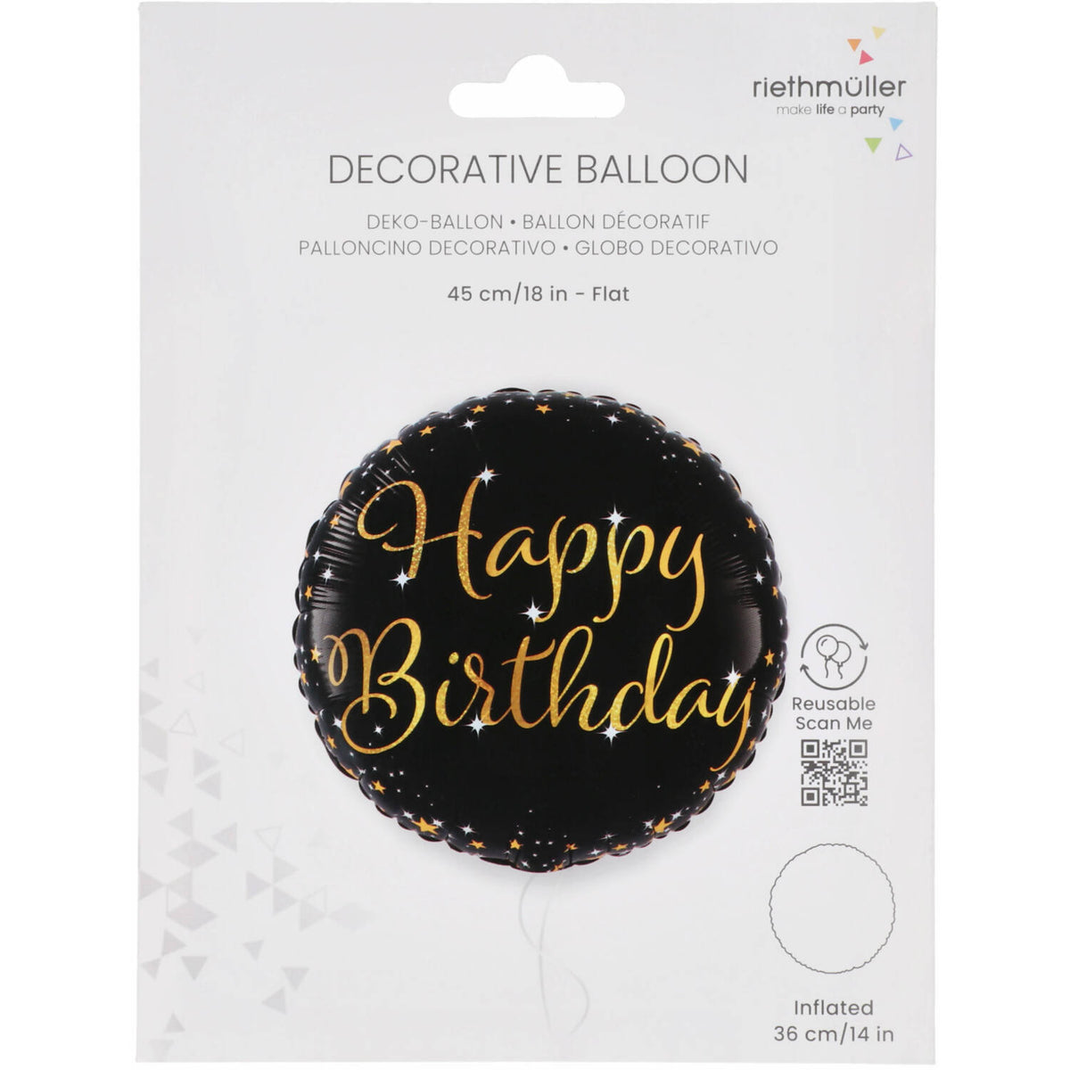 Balon Folie Happy Birthday Negru-Auriu cu Stelute 45cm