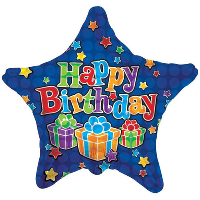 Foil Balloon Happy Birthday blue star with gifts 17785