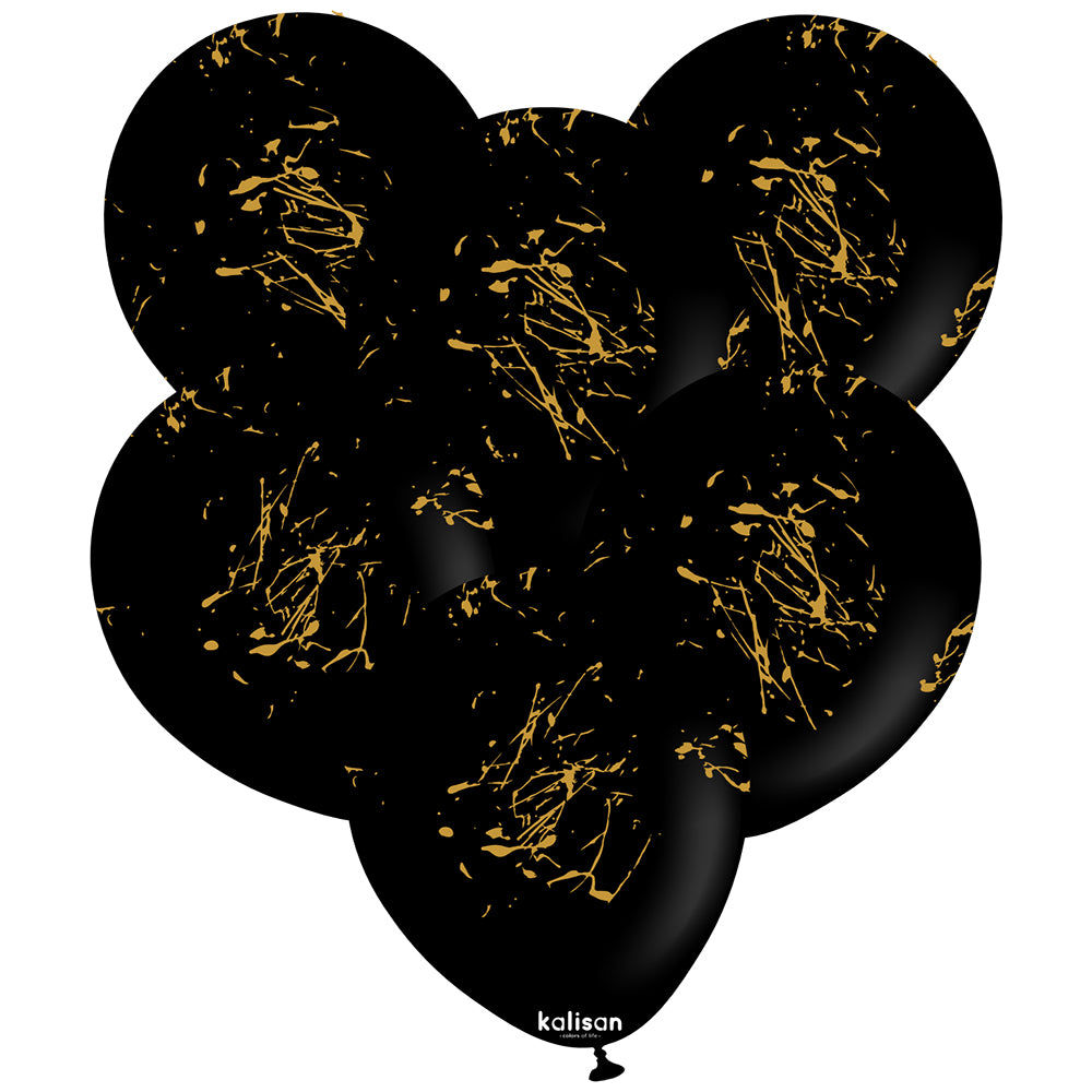 SET 25 Baloane latex 30cm Negre print Splatter Gold