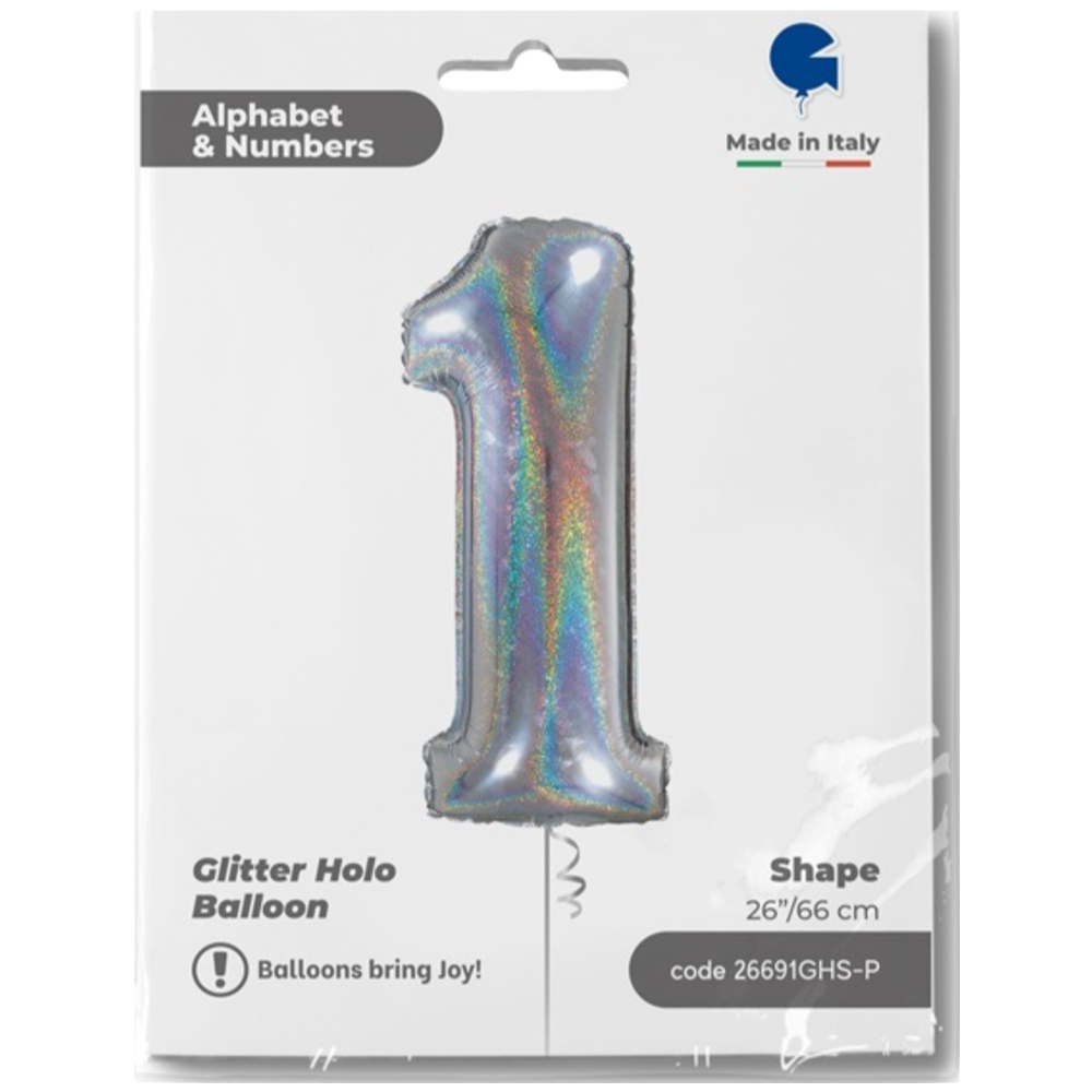 Foil Balloon NUMBER 1 Holographic Glitter 66 cm Grabo