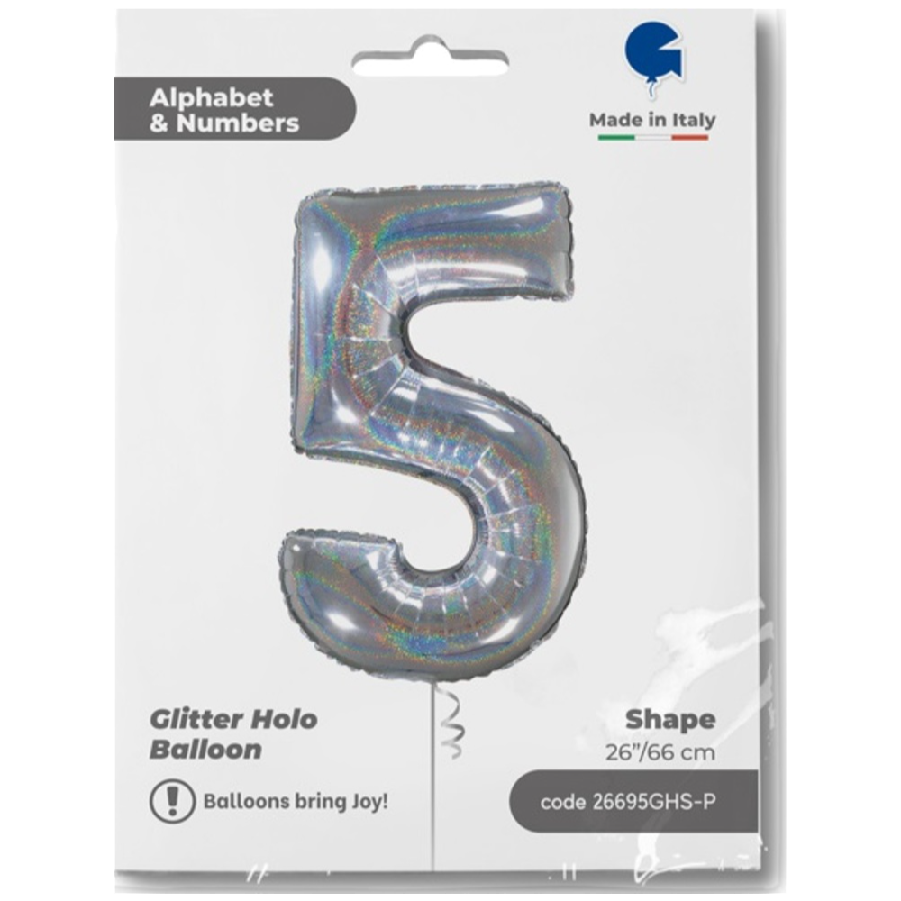 Foil Balloon NUMBER 5 Holographic Glitter 66 cm Grabo