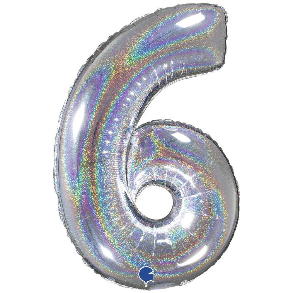 Foil Balloon NUMBER 6 Holographic Glitter 66 cm Grabo