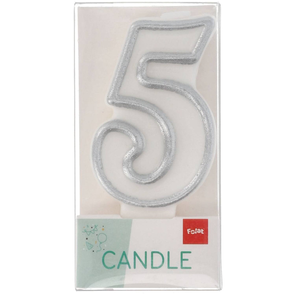 Number 5 Cake Candle Silver Outline 9cm